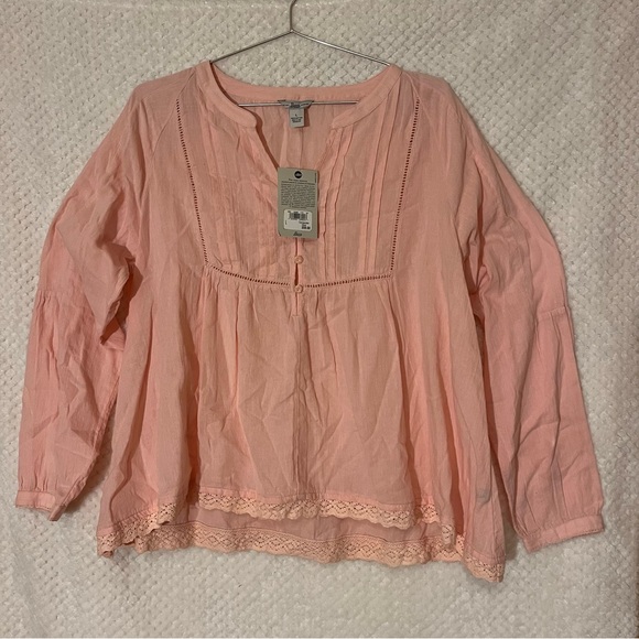 Bass Tops - Bass Peach-Pink Pintuck Lace Peasant Blouse Cottagecore lightweight Large NWT
